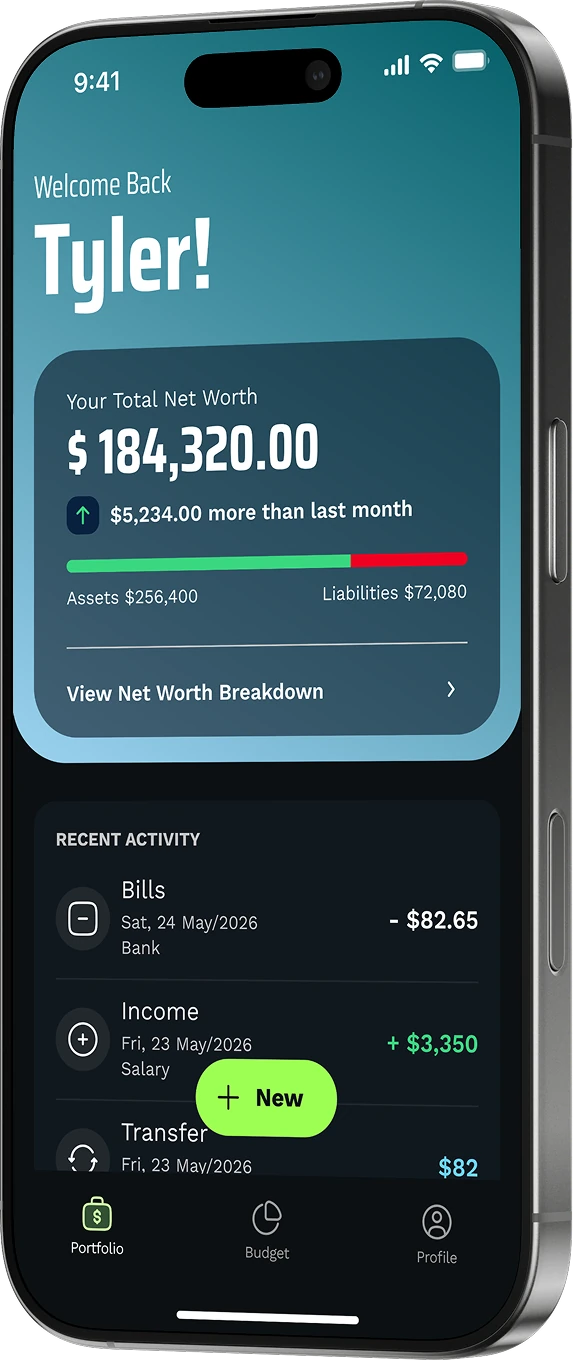 VERGE app home screen: total net worth of $184,320 and recent activity