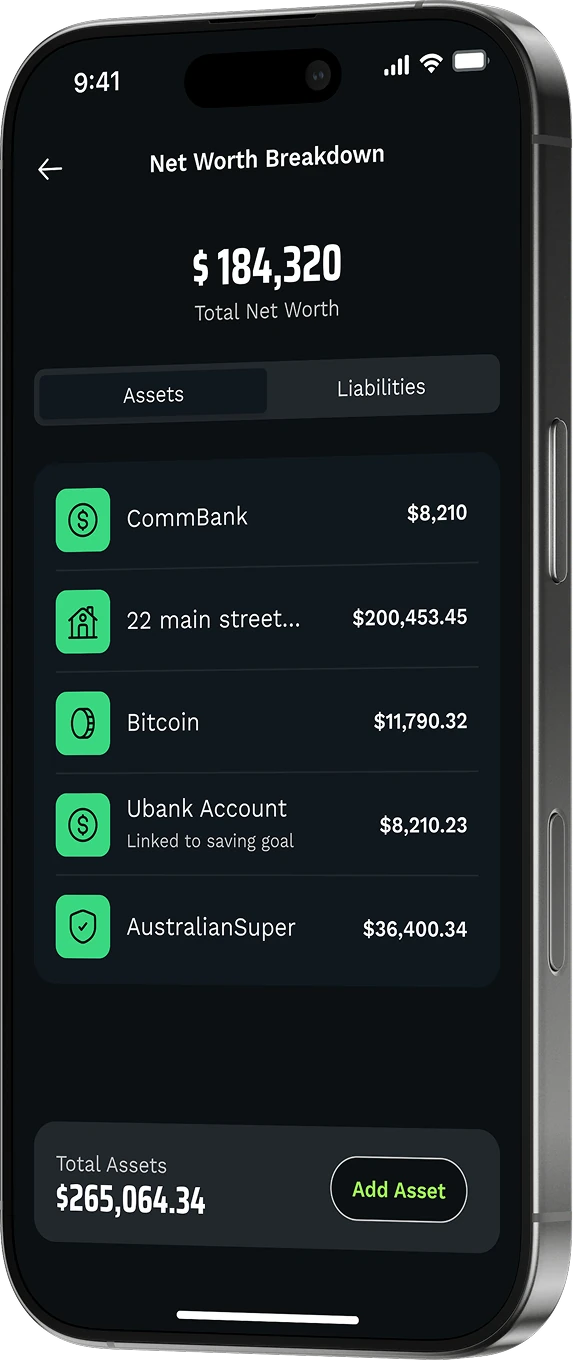 VERGE app: the net worth breakdown, $184,320 in total, with assets of $265,064.34 across a bank account, a property, Bitcoin, savings and super