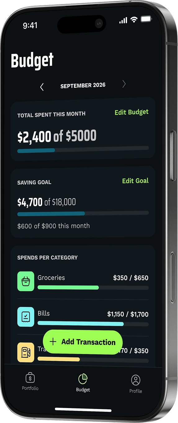VERGE app: the monthly budget, $2,400 of $5,000 spent, with a saving goal and spending by category