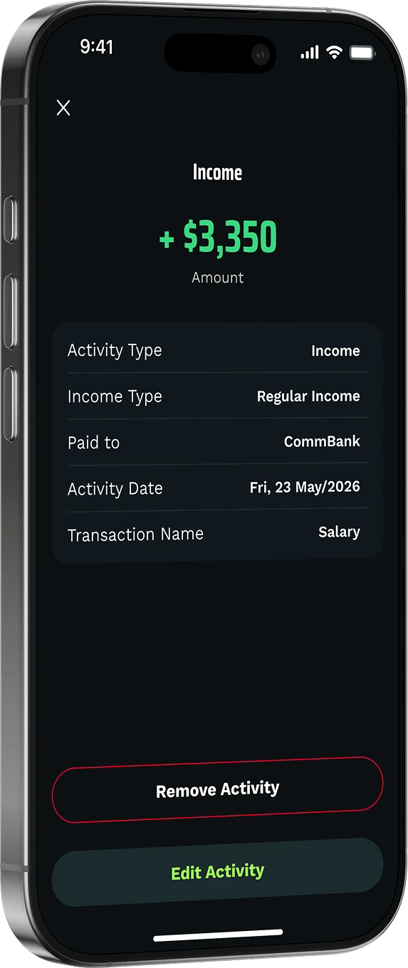 VERGE app: an income entry showing +$3,350 salary paid to CommBank